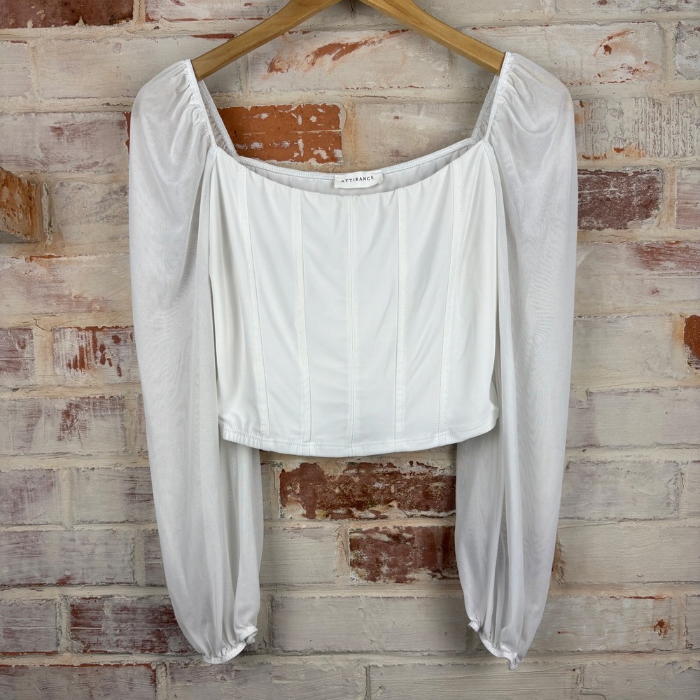 Attirance White Corset Crop Top Puff Sleeve Mesh Square Neck Balletcore Coquette